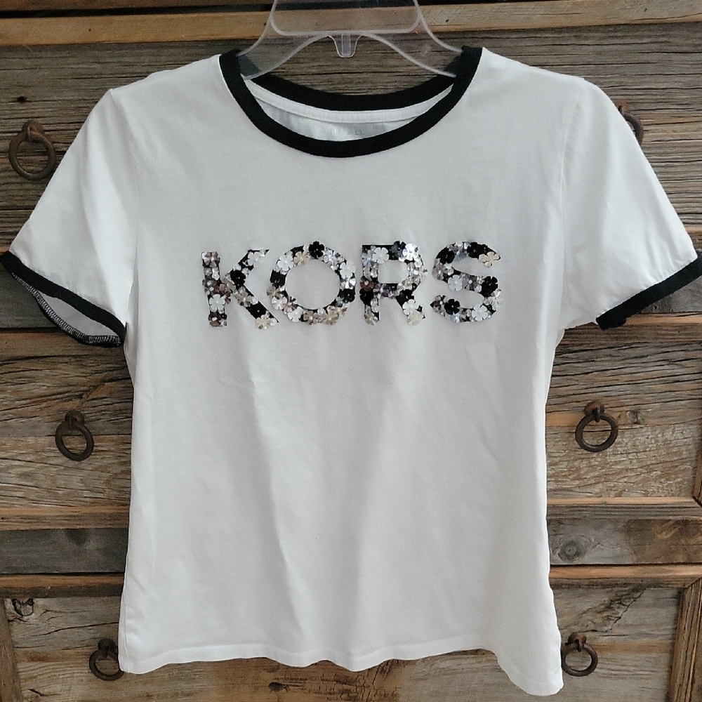Michael Kors Womens White Tee with Black Trim and Daisy Sparkle Logo - Picture 3 of 9
